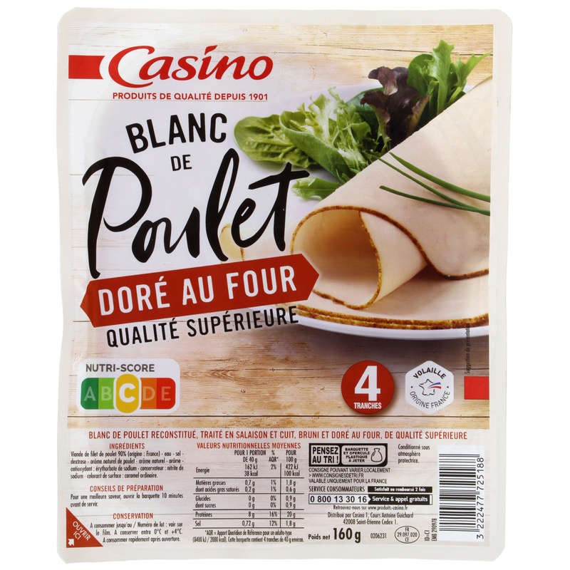 CASINO Blanc de poulet doré au four 4 tranches - 160g